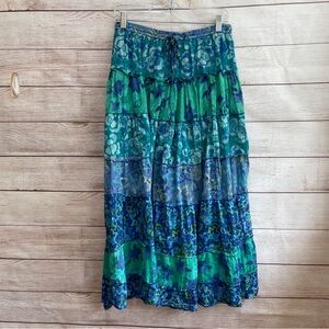 VINTAGE JANE ASHLEY TIERED MODEST MAXI SKIRT IN BLUE AND GREEN